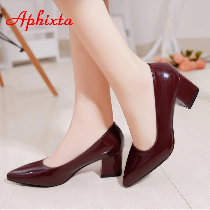 Women Pumps Shoes Aphixta 5cm Square Heels Patent Leather Red Pointed Toe Dress Party Plus Size 49 50