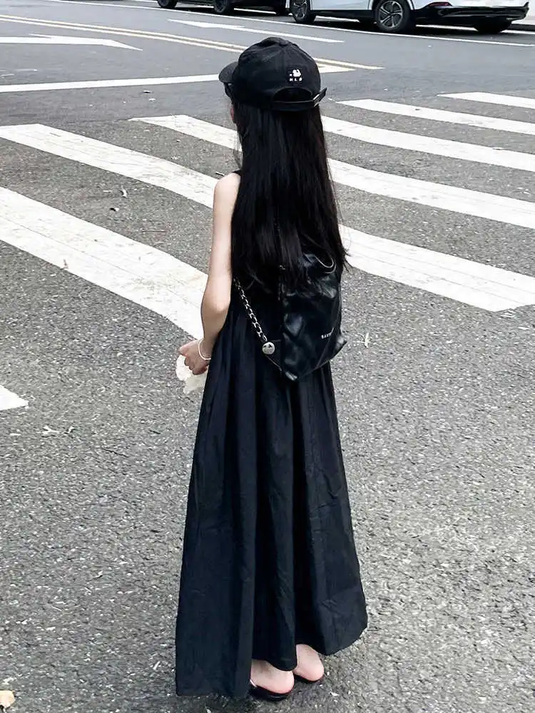 Girls Summer Dress Elegant Children's Clothing Sleeveless Vest Dress Long Skirt Simple Style Daily Wear Pure Color A-Line Skirt - 2