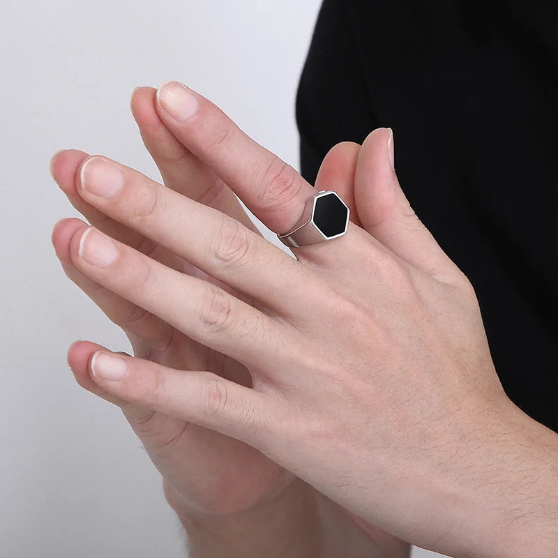 VQYSKO Black Hexagon Signet Ring Men s Pinky Ring Statement Black Onyx Enamel Ring Enamel Jewelry