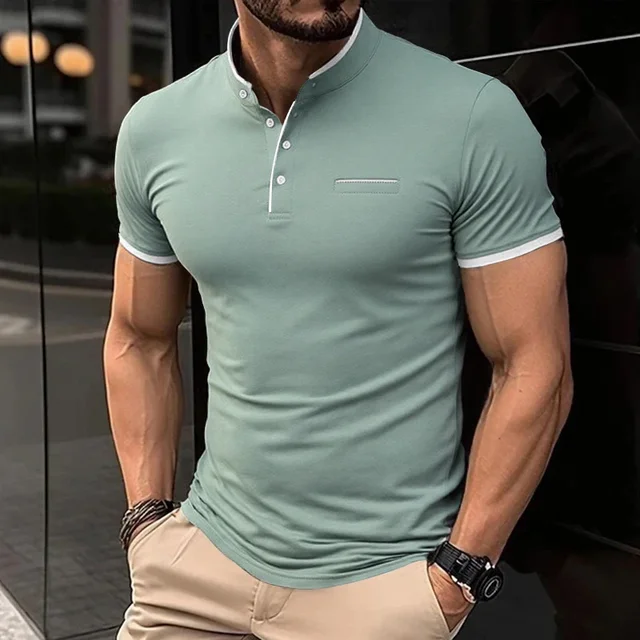 2025 New Men's Casual and Fashionable Solid Color Short Sleeved Stand Up Collar T-shirt Summer Versatile and Comfortable Top 1