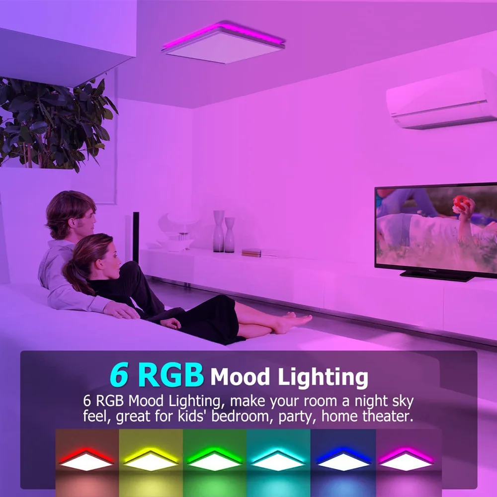 사각형 RGB LED 천장 램프 24W 백라이트 야간 조명 디밍 가능 3000-6500K 리모컨 포함 IP44 방수 룸 데코용