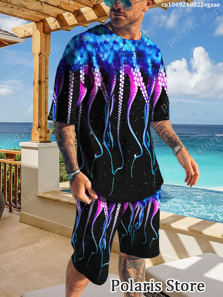 Summer Tentacle Print Tracksuit Men Horror Clothes Cthulhu Mythos Tshirt Set Vintage Clothing Beach Vacation Outfits