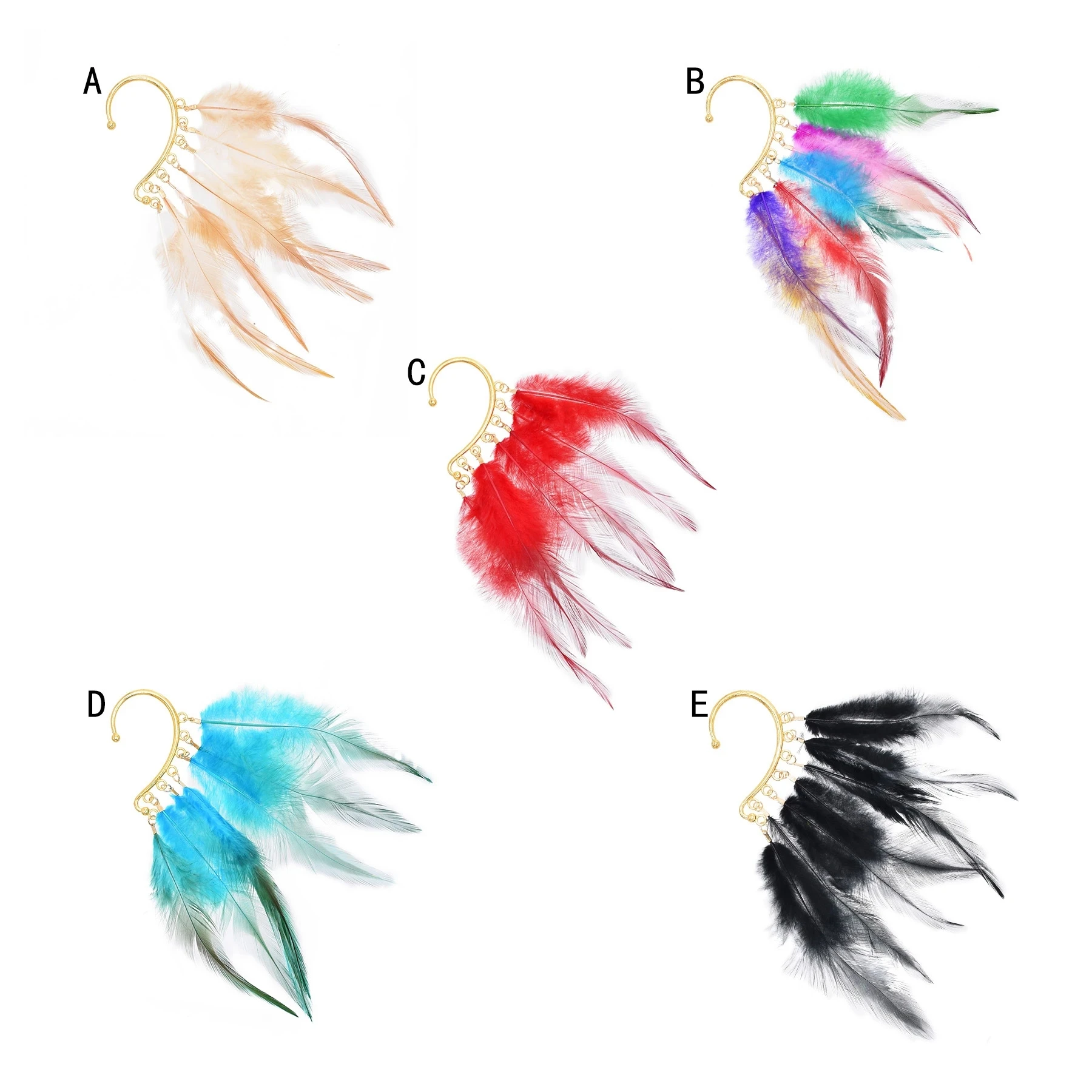 1PCS Afcian gypsy left large exaggerate nature colorful feather ear clip for women or men dance party travel jewelry accessories earrings