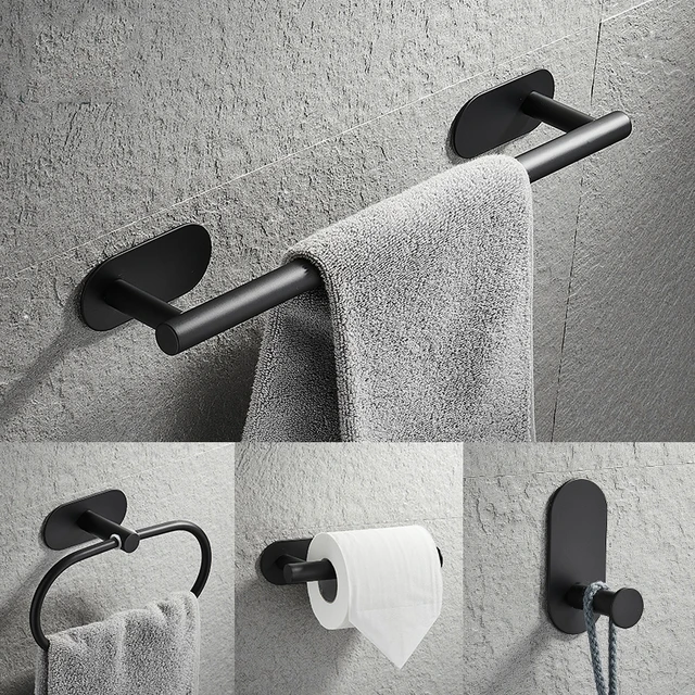 Juego de accesorios de baño de madera de nogal, toallero negro, soporte de  papel higiénico, barra de toalla, estante de baño - AliExpress