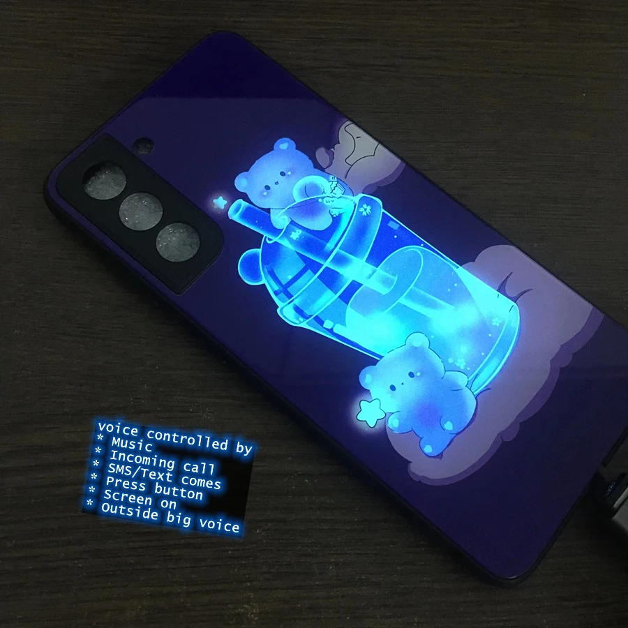 3D Purple Bear Flash Case For Samsung Galaxy S22 S21 S20 FE Ultra S10 S8 S9 Note 20 8 9 10 Plus A51 A71 A72 Glass Luminous Cover