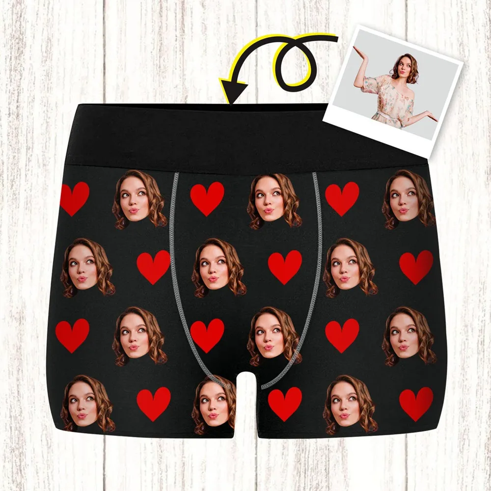 Custom Face Photo Boxer Briefs - Personalized Heart Print Underwear - Unique Gift