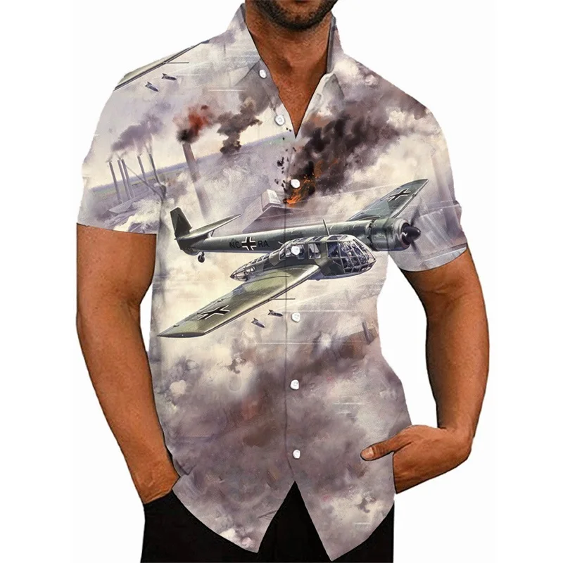 thumbnail image 1 of Camisas hawaianas con estampado 3D de avión de combate para hombre, camisas casuales de manga corta con botones, camisetas de hip hop para hombre, ropa de calle, 1 of 5