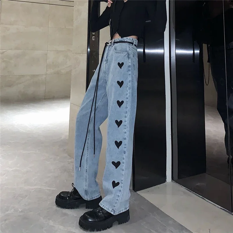 Vintage Heart Shape Printing Jeans Wide Leg Pants Women Korean Loose Straight Denim Pants 2023 Autumn Winter Fashion Trousers