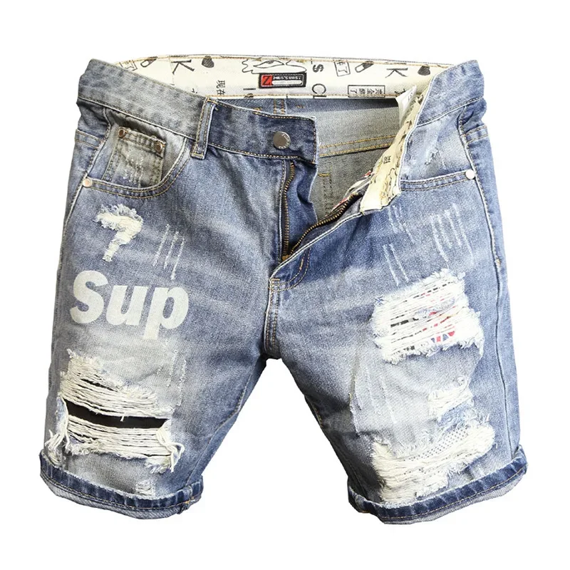 Summer Light Blue Ripped Cat Whisker Patch Letter Print Slim Denim Shorts Teenagers Jeans Boys and Girls Cowboy Short Pants