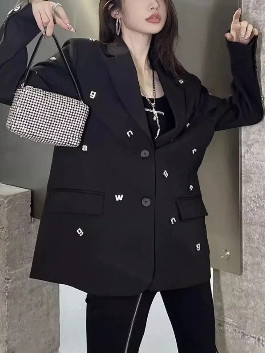 Women Casual Blazer Jacket With Letter Embellishment Design Spring Autumn New Long Sleeve Single Breasted Loose Suit Coat Female 3