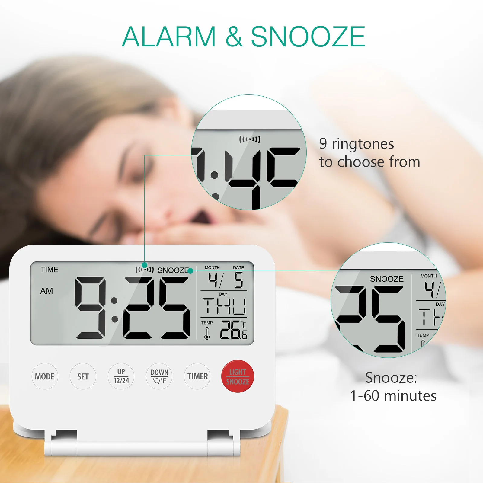 ORIA Digital Alarm Clock with Calendar Temperature Timer