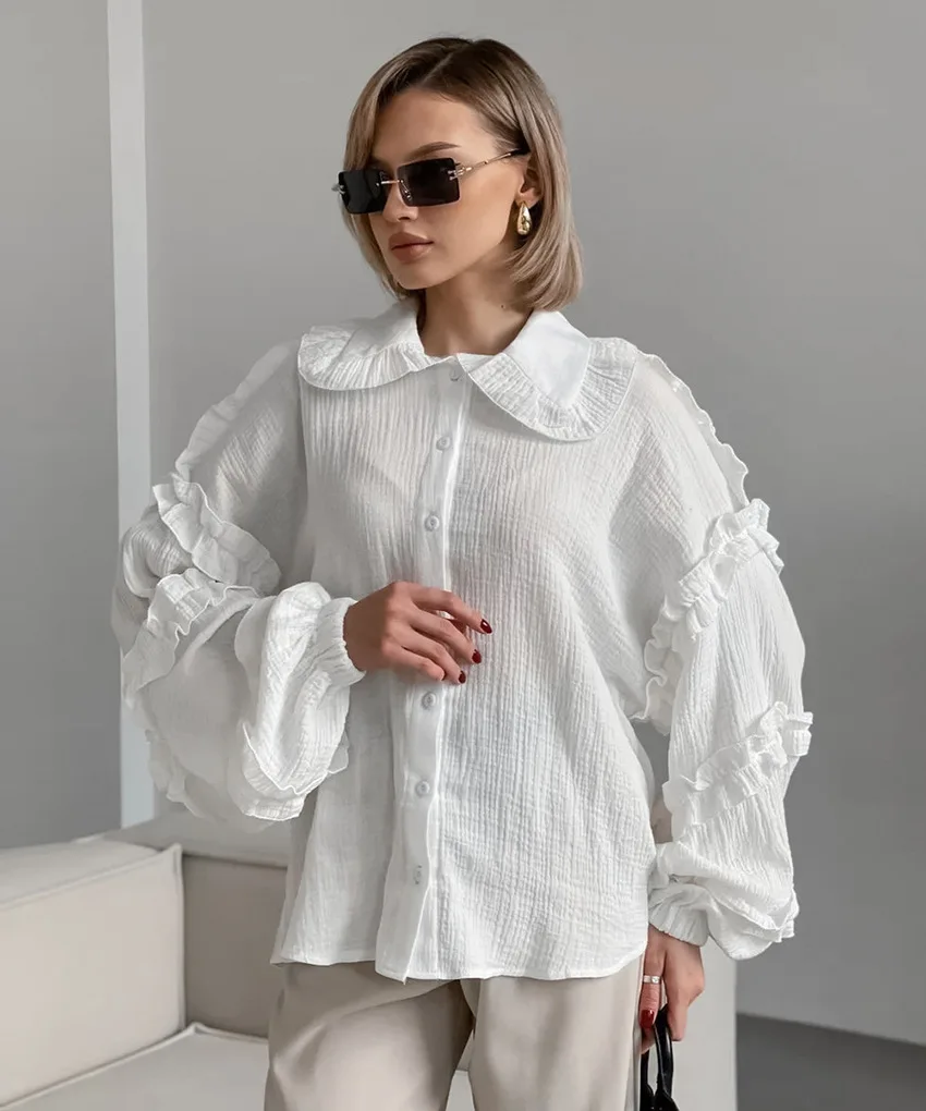 Camisas blancas holgadas con volantes para mujer, manga larga, elegantes, a la moda, otoño, lisas, informales, prendas de vestir exteriores, camisas para mujer, abrigos, novedad de verano