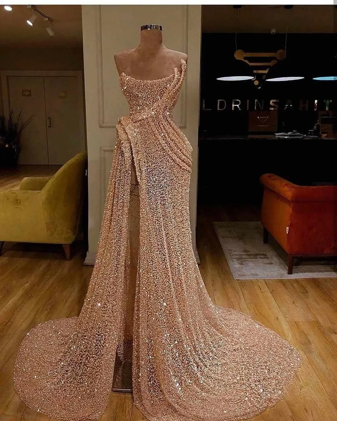 

Sparkly Sequin Mermaid Evening Dresses Champagne Sequins Side Split Lace Formal Vestido de Festa Feminino luxo noite Prom Dresse