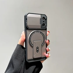 Enhanced Magnetic Folding Bracket Phone Case with Flip Lens Protection and Stand Cover - iPhone 15 Plus (GRAY)