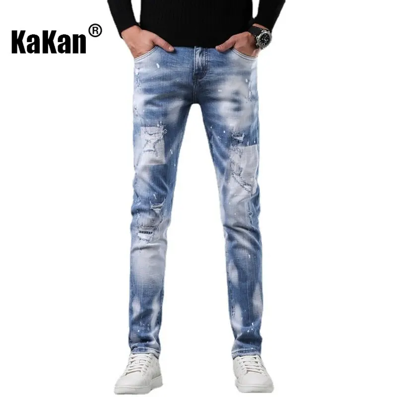 Kakan - New Throw Point Hip Hop Personalized Street Jeans Men's Wear, Slim Fit and Refreshing Light Blue Long Jeans K018-D38