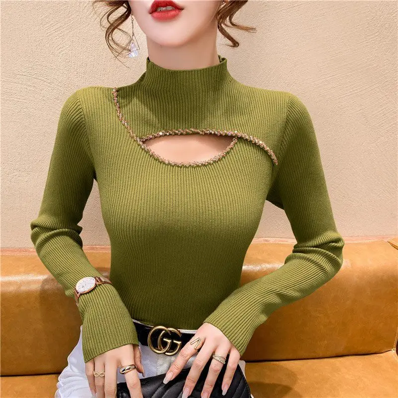 

Women's Autumn Winter Turtleneck Solid Pullover Hollow Out Screw Thread Long Sleeve Sweater Knitted Casual Undershirt Tops