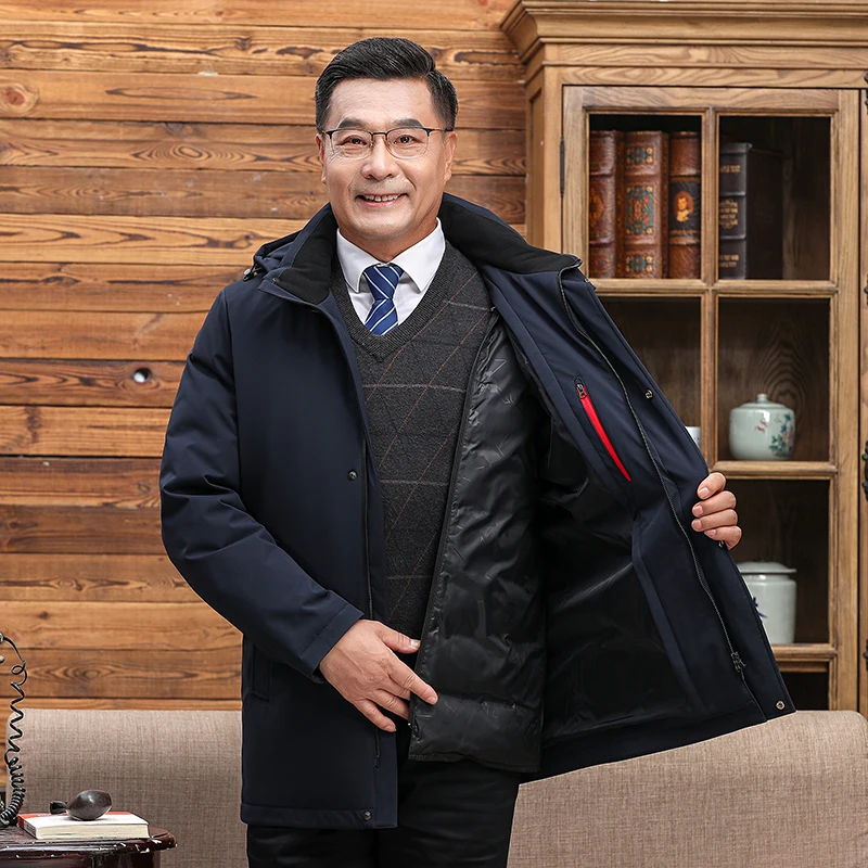 Middle-aged Men Down Jacket Winter Liner Detachable White Duck Down Coat Hooded Thick Warm Parkas