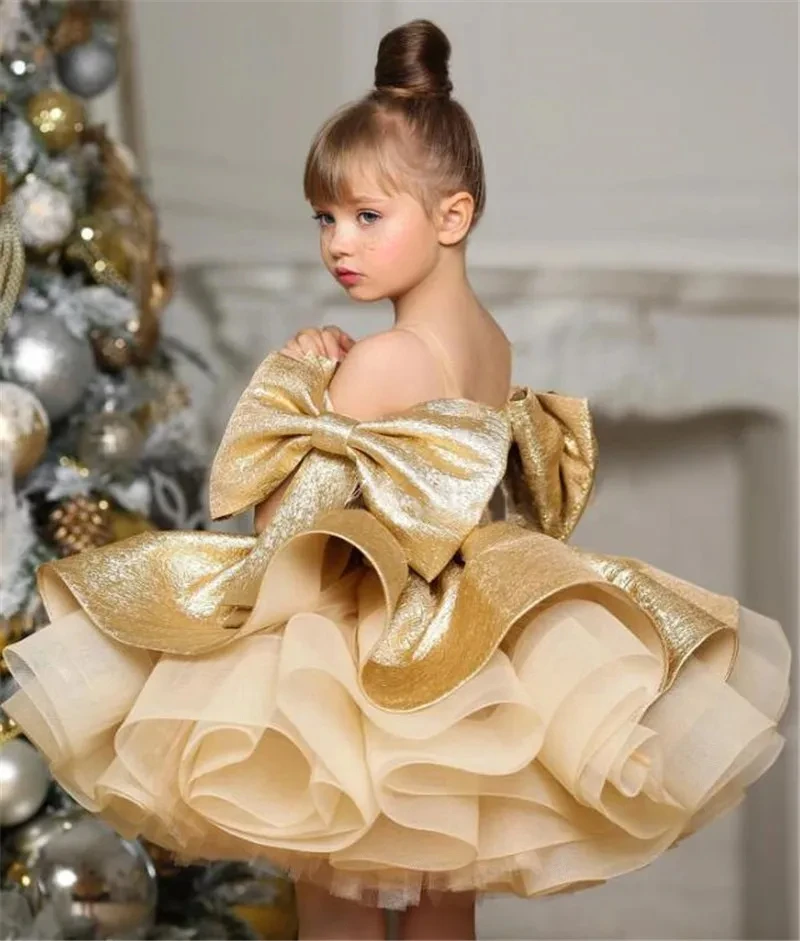 Flower Girl Dresses Puffy Satin Knee Length Glitter Wedding Party Bow Toddler Baby Birthday Pageant Ballet Tutu