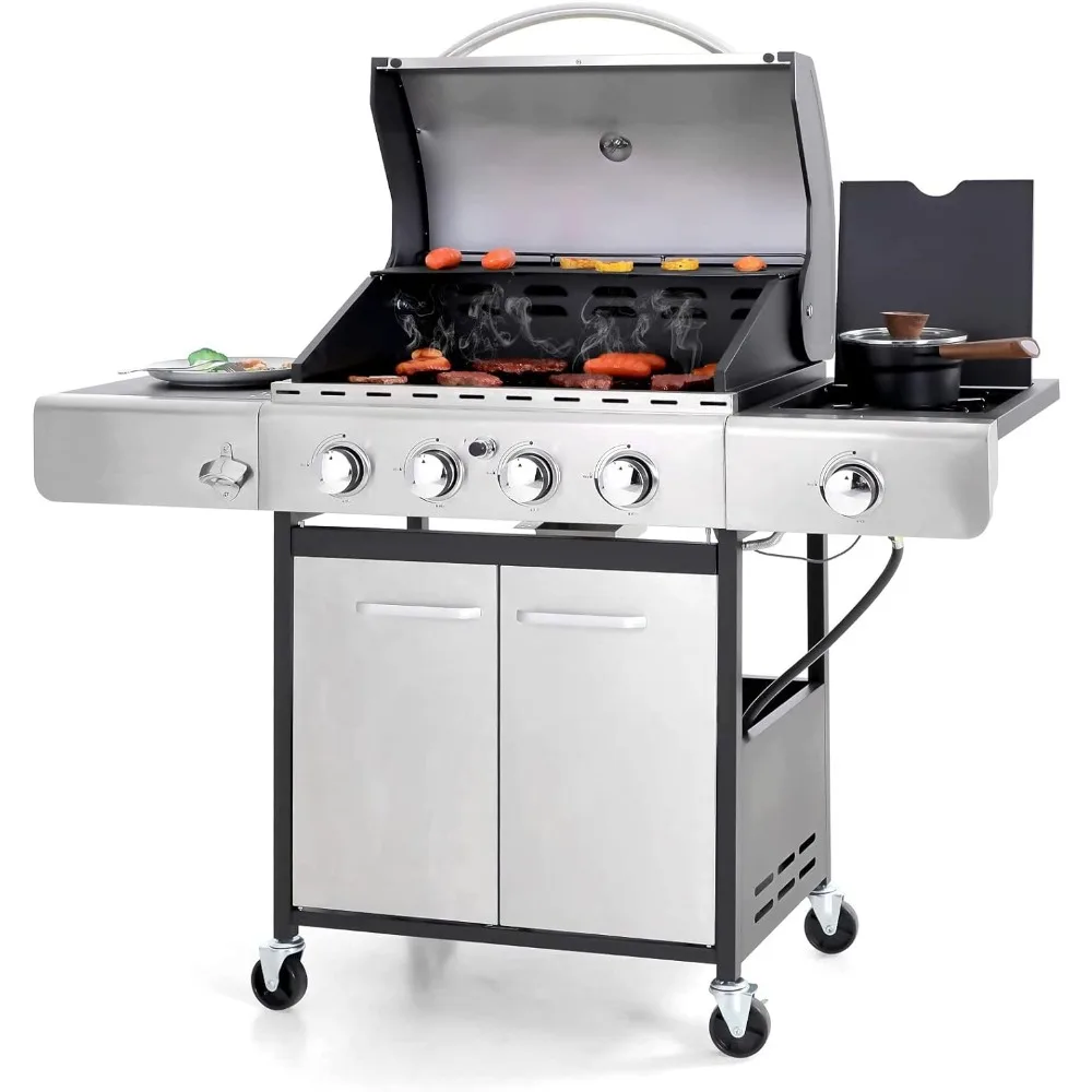 

4-Burner Gas BBQ Grill with Side Burner and Porcelain-Enameled Cast Iron Grates 42,000BTU, Stainless Steel Propane Grill