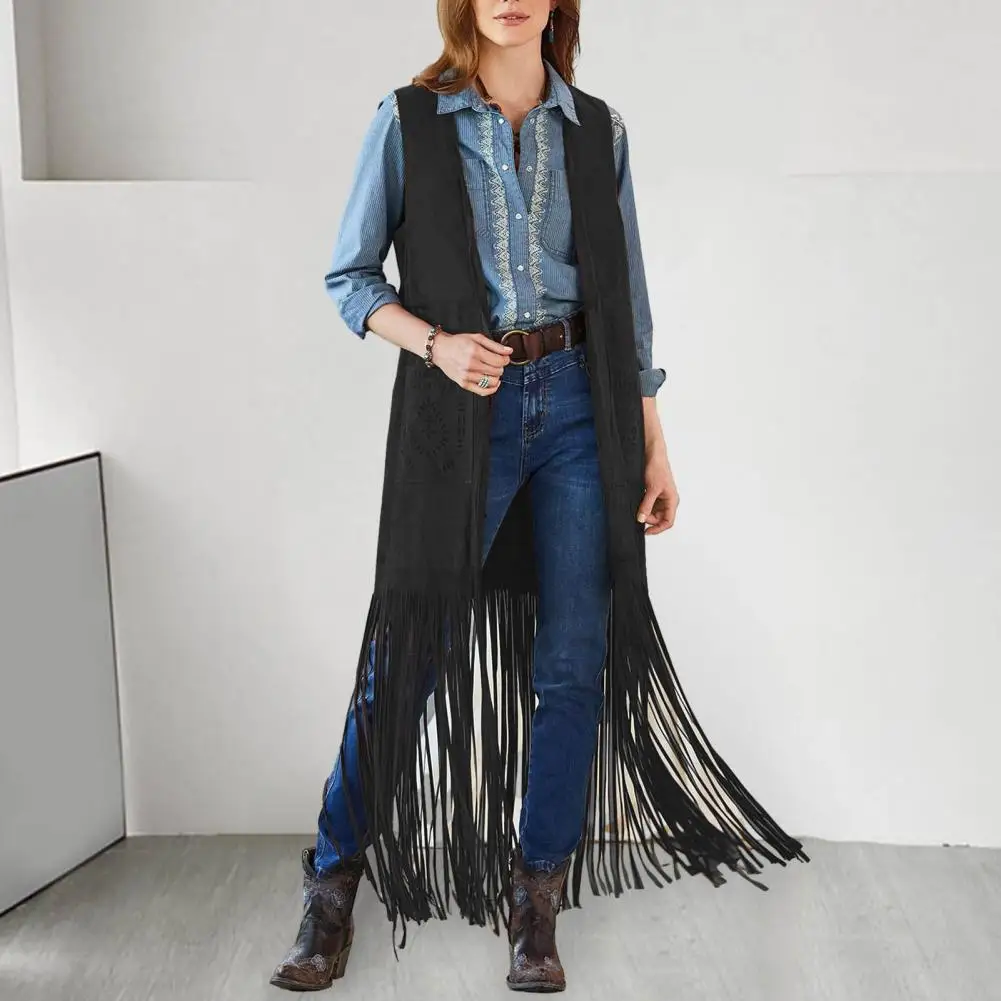 

Fringed Waistcoat Stylish Women's Fringe Vest Sleeveless 70s Hippie Cardigan with Patch Pockets for Cowboy Cosplay Boho Fashion