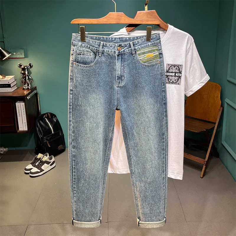 2024 New embroidered men's jeans fashion brand all-matching retro Pu handsome high-end pencil pants summer pants