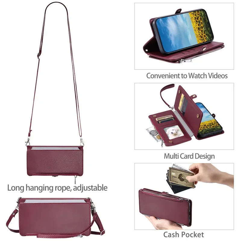 Deluxe Leather Flip Phone Case with Long Lanyard and Zipper Wallet Card Holder