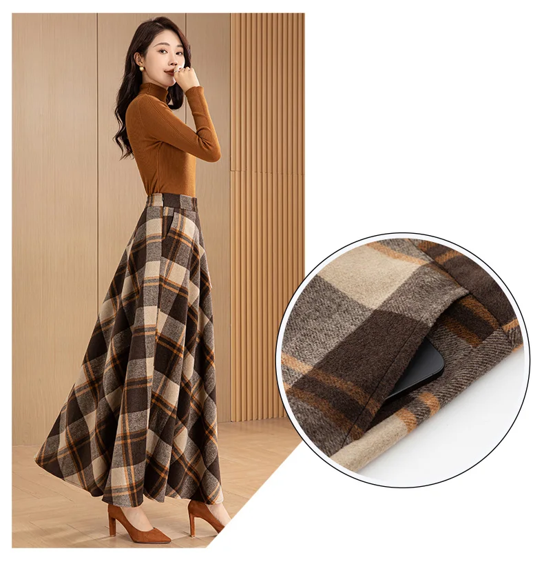 iYeiheo Vintage Woolen Plaid Skirt Detail View