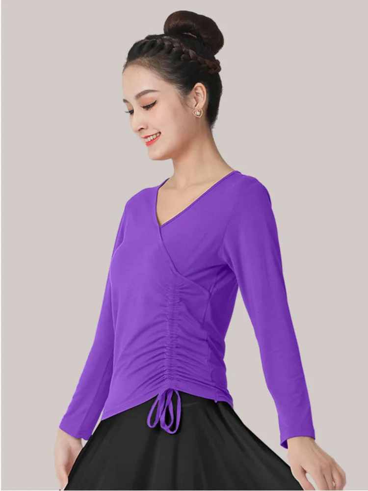 

Elegant Solid Color Latin Dance Practice Female Ballroom V-neck Top Classical Drawstring Competition Costume Party Belly T-shirt