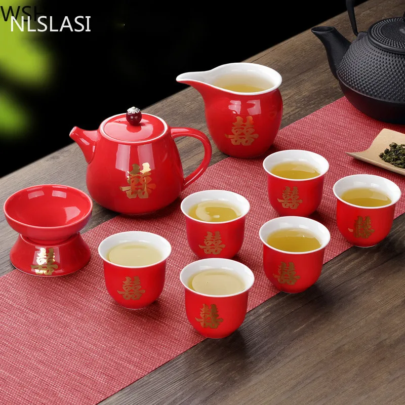 Nlslasi Ceramic Red Wedding Tea Set Gift Porcelain Chinese Tea Set Home