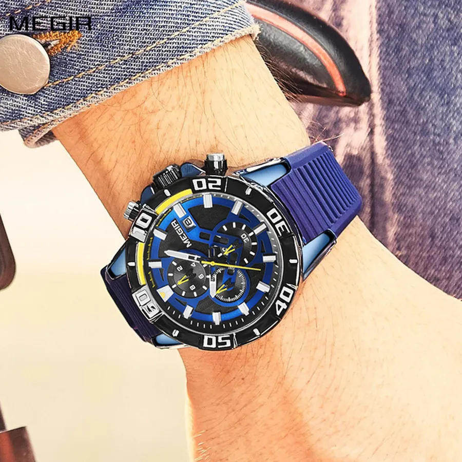 

MEGIR Men Wristwatch Top Brand Luxury Silicone Strap Sport Watches Waterproof Luminous Quartz Clock Chronograph Reloj Hombre