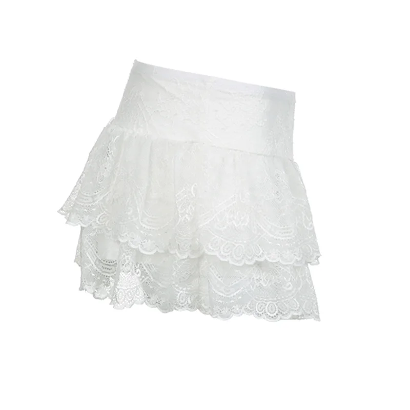 Falda de encaje Y2K para mujer, ropa Fairycore, falda elástica de cintura baja con capas, faldas Lolita Kawaii, ropa de calle de los años 2000