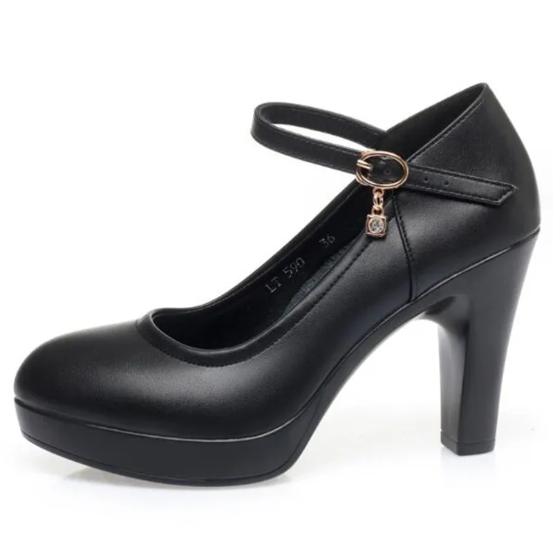 Genuine Leather Shoes Women Round Toe Platform Pumps Sapato Feminino High Heels Fashion Ladies Black Work Shoes Plus Size 34-42