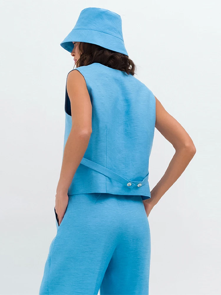 Cotton Line Vest Two Piece Set Women Blue Sleeveless V-Neck Button Vests  Outfit 2023 Summer High Waist Wide Leg Pants Sets