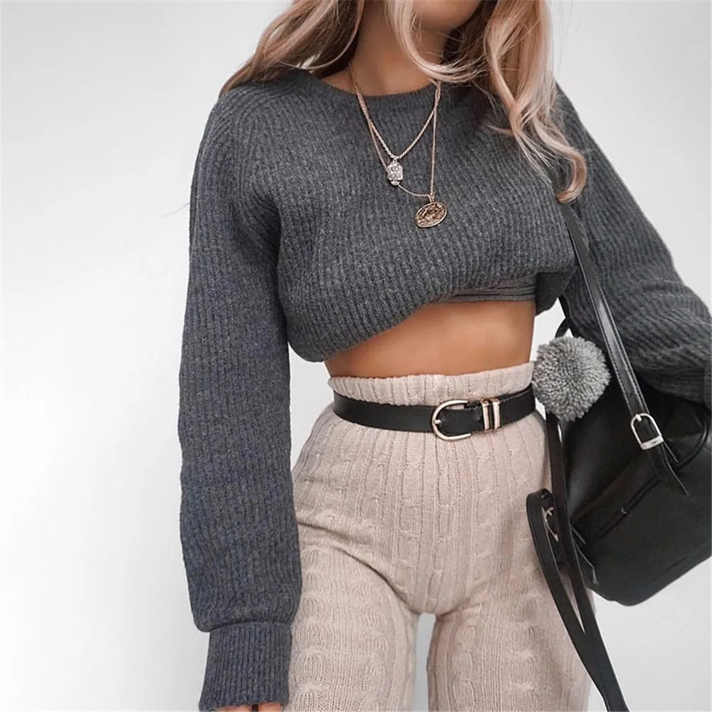 

Vestidos De Fiestay2KSpring And Autumn 'S Knitwear Long Sleeved Round Neck Exposed Navel Fashion Layup Sweater Women'S Sh