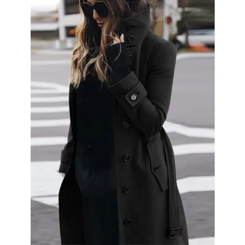 Autumn Winter New Woolen Coat Women's Slim Fit Cardigan Large Coat Women Long Sleeve Single Breasted Stand Collar Woolen Coat 3