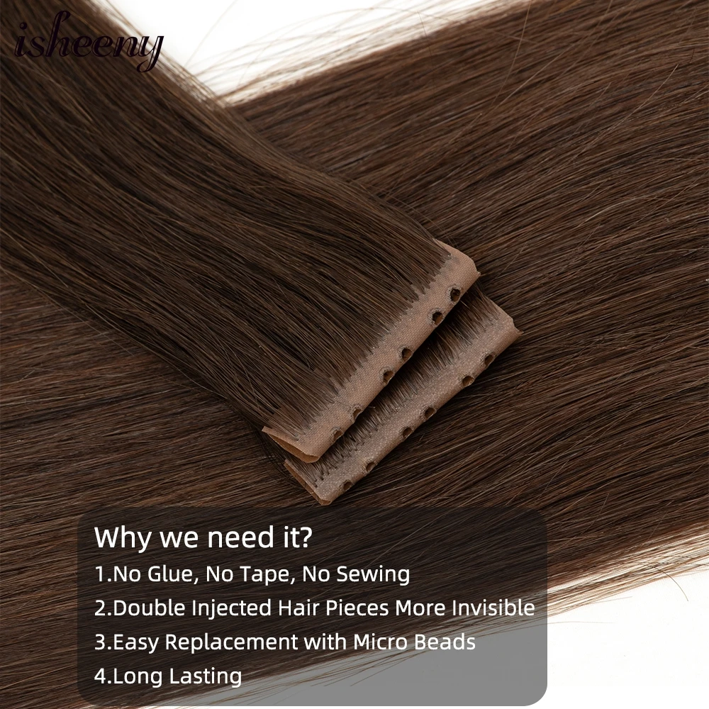 Human Hair Extensions Hair Extensions isheeny 12"-24" Invisible Hole Hair Extensions Blonde Twin Tab Hair Weft Pull Through Human Extensions PU Skin Bundles