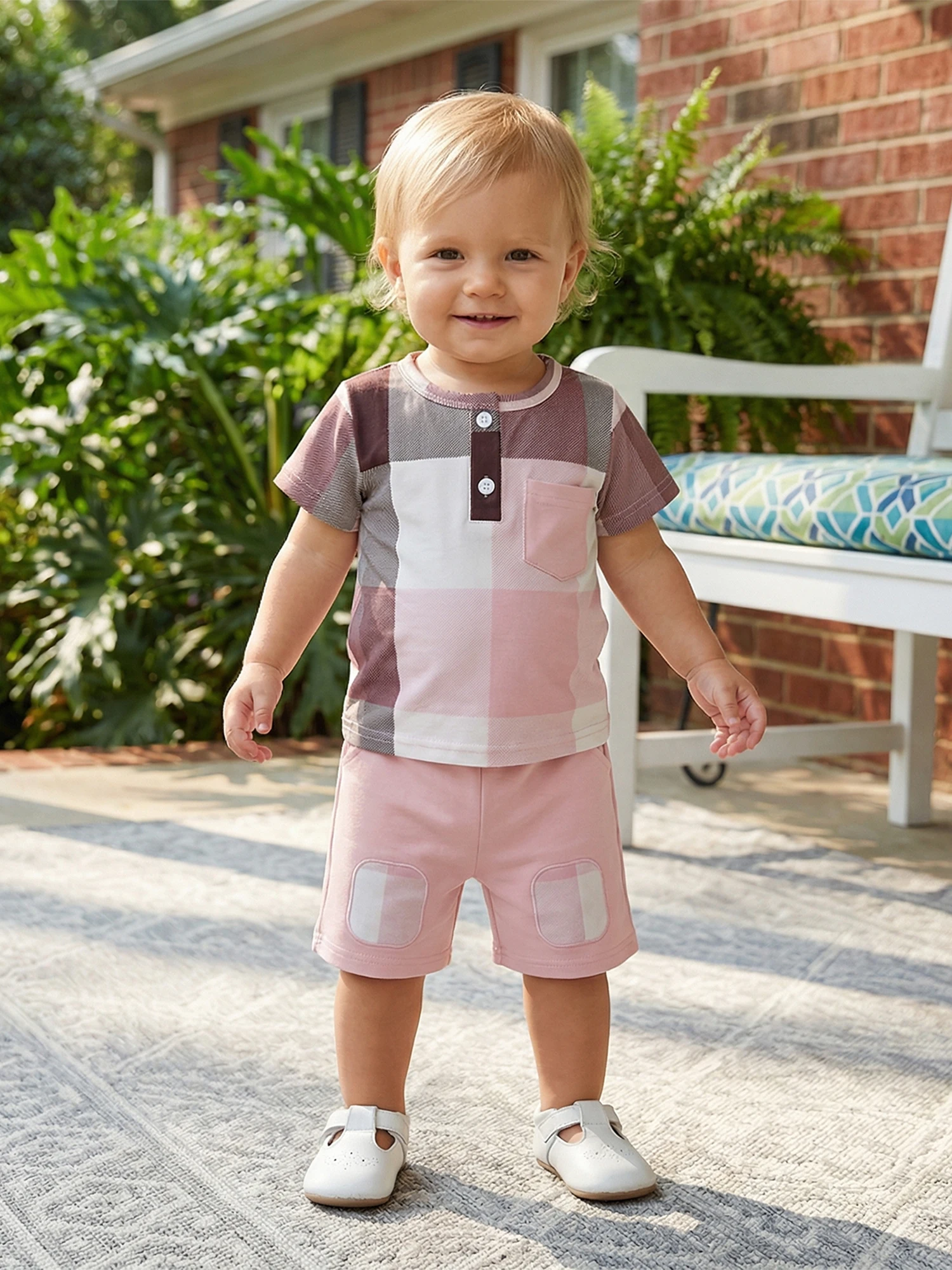 Adorable Toddler Girl Summer Outfits Plaid Crew Neck Short Sleeve T-Shirts with Elastic Waist Pants - 2 Piece Clothing Set for 3