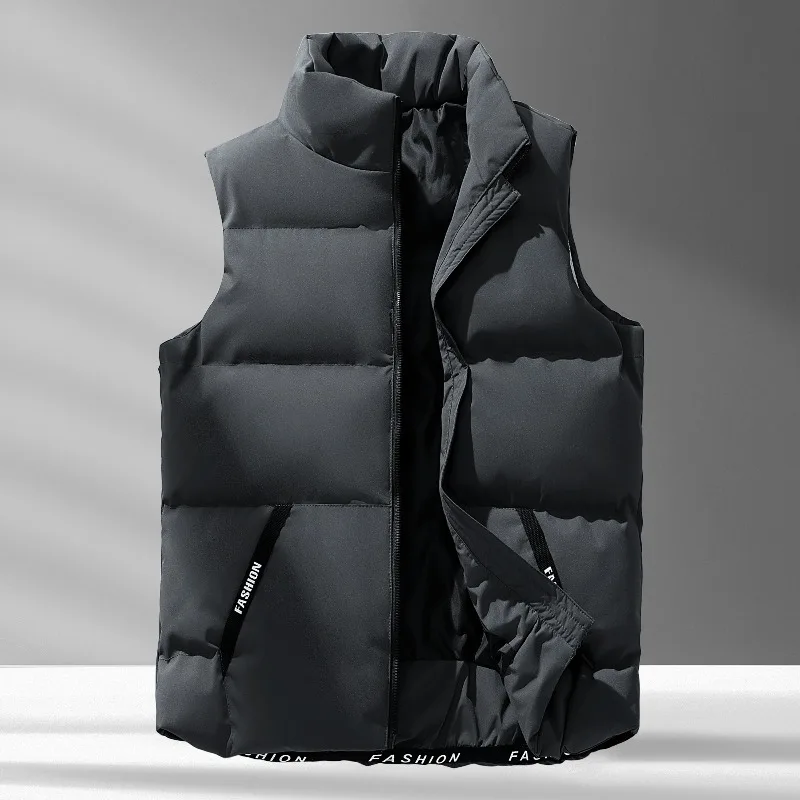 Windproof Fashion Simple Design Loose Version Fabric Down Vest Men Large Warm Down Cotton Vest Vertical Collar