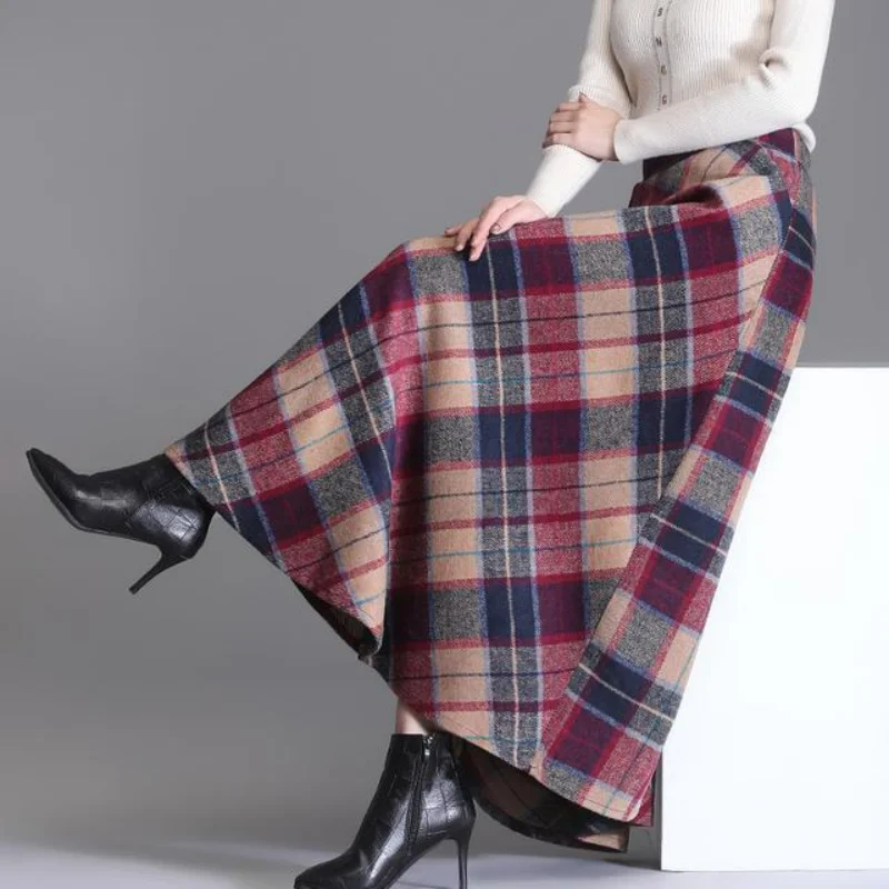 Autumn Winter New Fashion Print Woolen Half Skirt Simple Versatile Temperament Patchwork Pockets Mid Length Plaid A-line Skirt