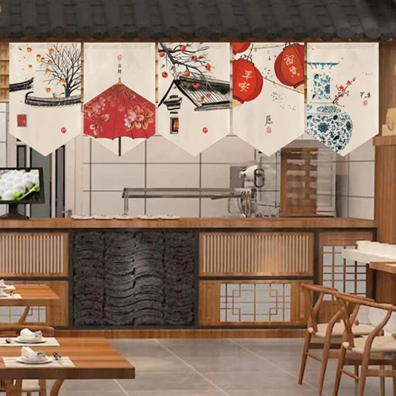 Chinese Style Short Door Curtain Kitchen Partition Noren Izakaya Cuisine Izakaya Sashimi Hanging Pennant Home Decor Drapes 4