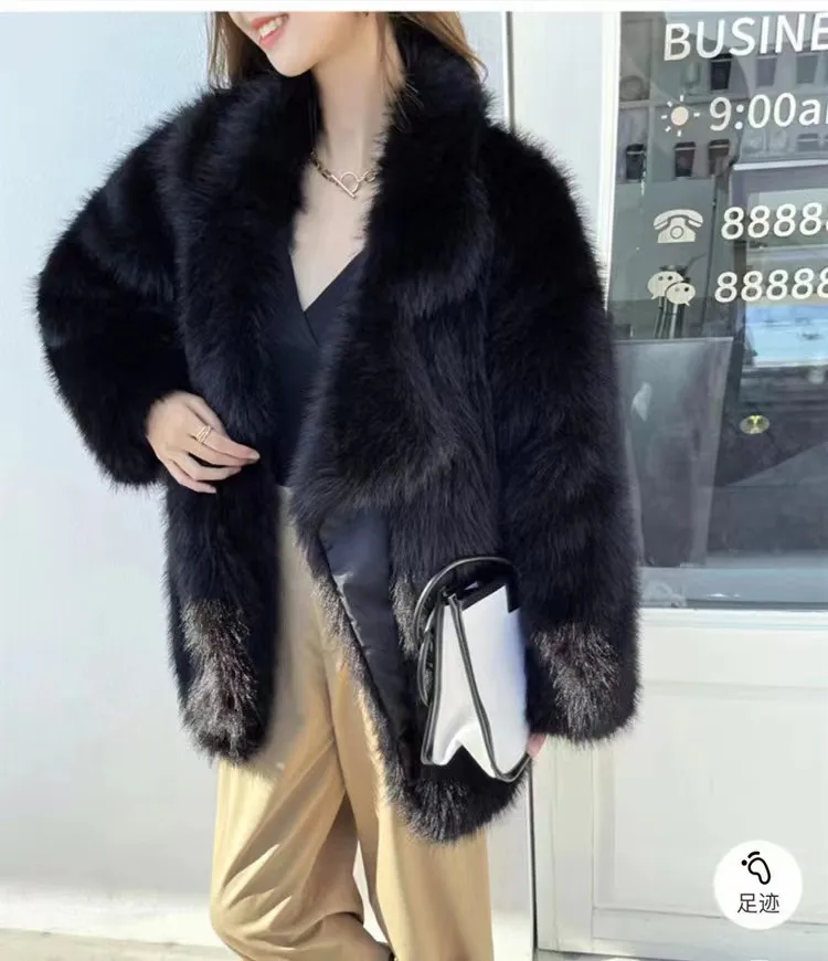 여성용 인조 모피 라펠 재킷, 고급 루즈 미드 롱 코트, 편안한 느낌, 가을 및 겨울 신상