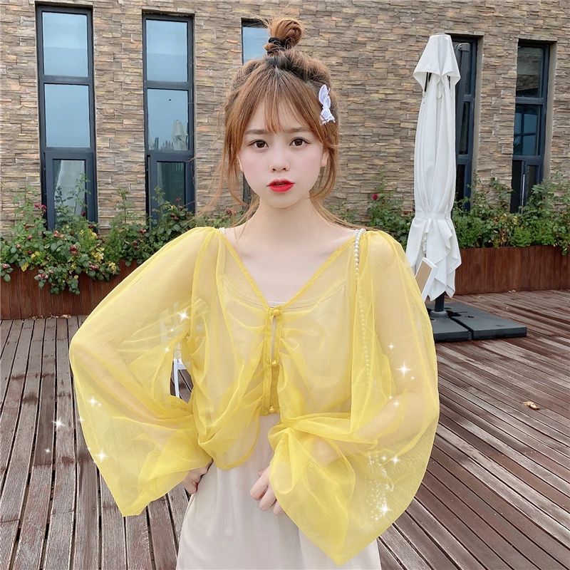 bathing suit coverups Boring Honey Women's Sunscreen Slothing Summer Long-Sleeve Cardigan Chiffon Loose And Comfortable Balloon Sleeve Beach Dress Top cute bathing suit cover ups