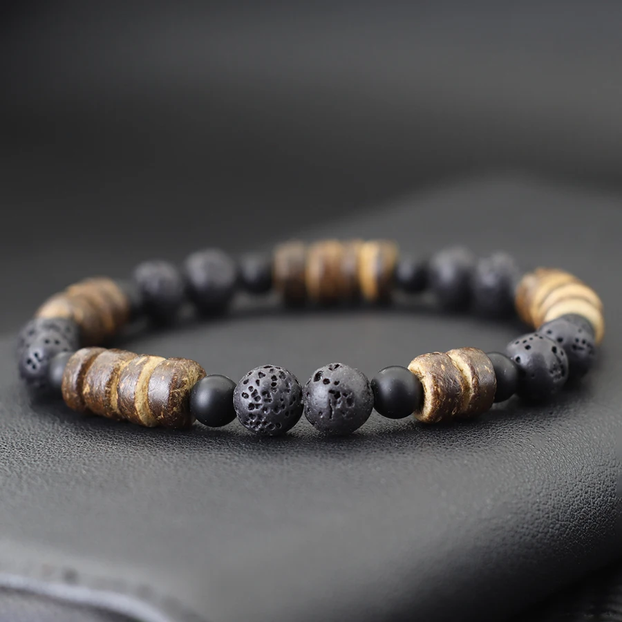 Handgemachtes natürliches Kokosnussschalen-Perlen-Armband für Männer, Vulkangestein, Tigeraugen, Howlith-Stein-Armband, Holzarmband-Zubehör – Detail 10