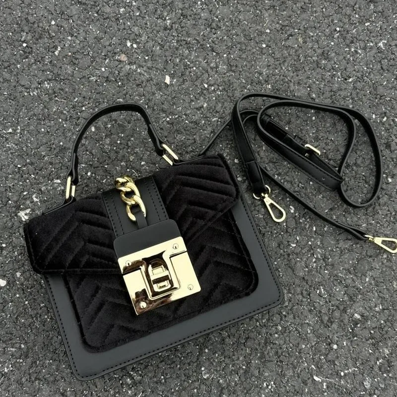 JIAERDI Retro Black Velvet Luxury Bags Women Square Chain Gold Lock Shoulder Bag Ladies Fashion High End Versatile Crossbody Bag