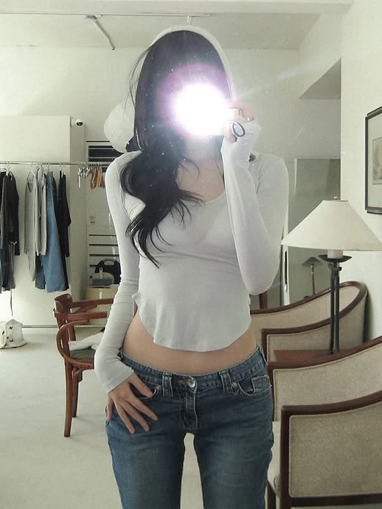 Nibber Casual Hooded Crop Tops Women Irregular Full Sleeve Simple Hottie Street Stretch Skinny Clubwea  Sexy Thin Basic Tops