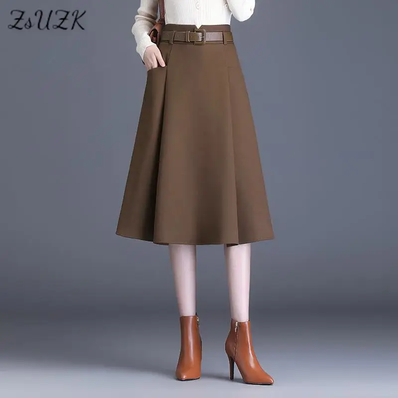 

ZUZK Women Solid A-Line Skirt With Belt High Waist New Autumn Winter Elegant Midi Skirts Simple Skirts Black Skirts