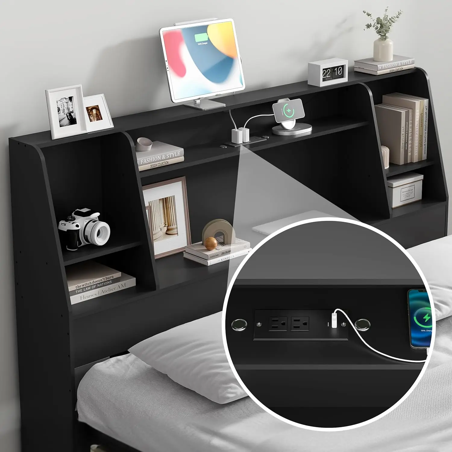 Queen/Full Headboard Onlyd with Charging Station & 2 LED Lights, Stylish Noise-Free with Ample Storage