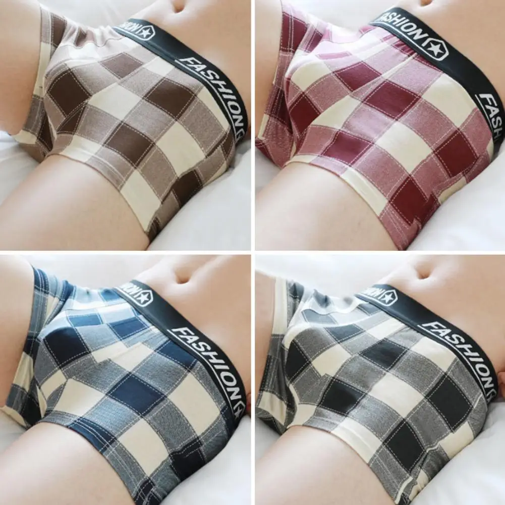 

Men Shorts Panties Breathable Sport Shorts with Plaid Print U-convex 3d Crotch Comfortable Stylish Elastic Waistband 3d Cutting