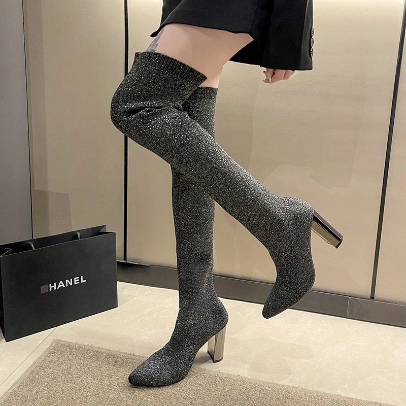 

Женские сапоги выше колена, дышащие эластичные сапоги с острым носком, на высоком каблуке, высокие ботинки, обувь для женщин, новинка 2023