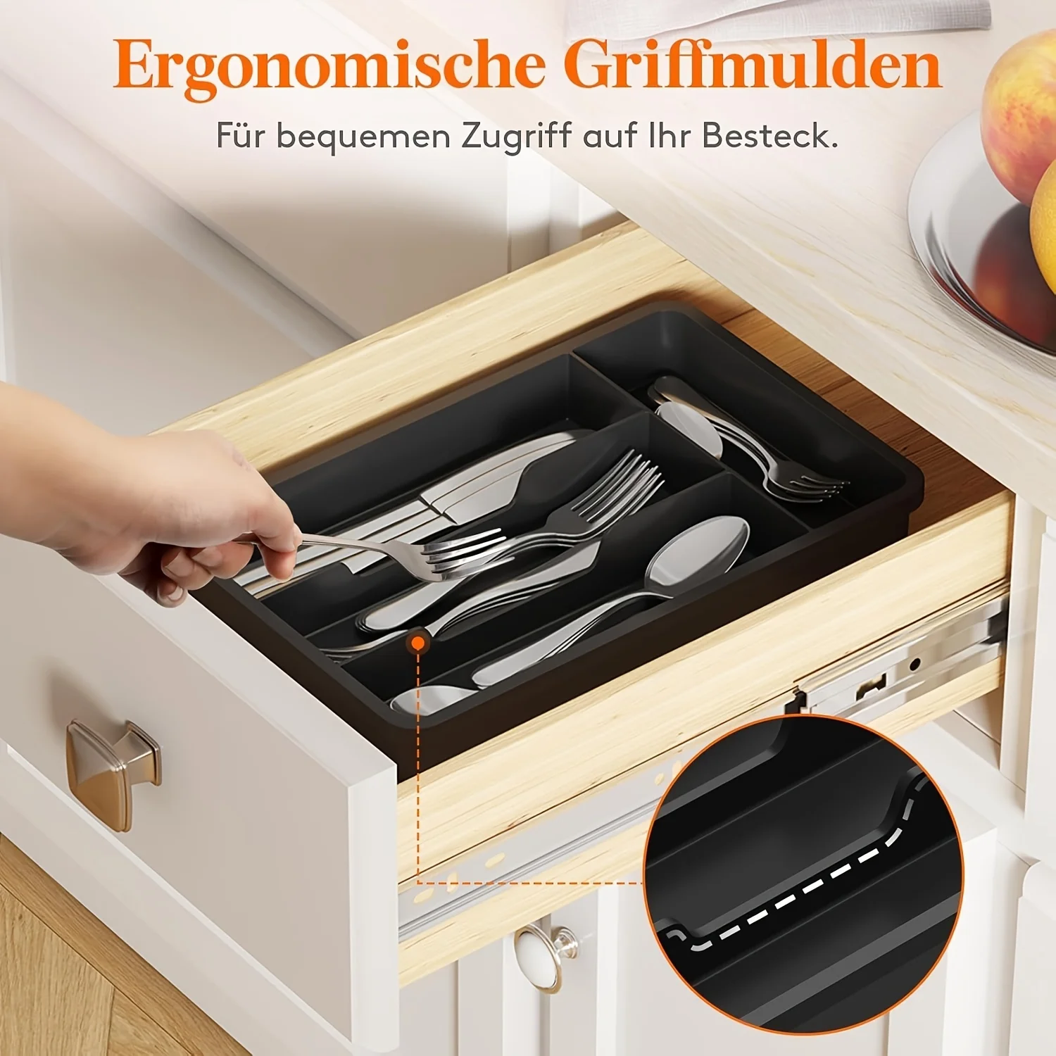 4-Fach Kunststoff-Besteckkasten-Organizer, Silberbesteckhalter für Küchenschubladen, Schwarz, Rutschfeste Utensilienaufbewahrung für Gabeln, Löffel, Messer – Detail 2